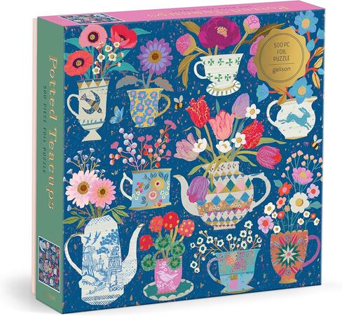 Galison Potted Teacups – 500 Piece Foil Jigsaw Puzzle Featuring Beautiful Artwork of Potted Teacups with Floral Background in Saudi Arabia