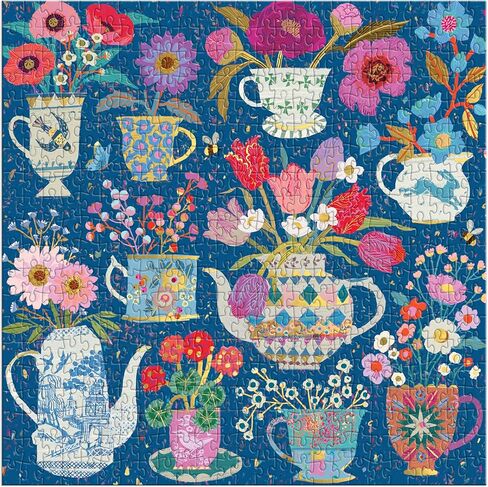 Galison Potted Teacups – 500 Piece Foil Jigsaw Puzzle Featuring Beautiful Artwork of Potted Teacups with Floral Background in Saudi Arabia