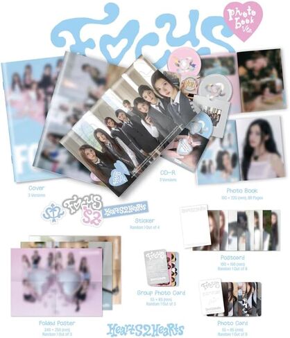 Hearts2Hearts Focus 1st Mini Album [B Ver.] Photobook + CD + 2 Photocard + Postcard + Poster + Sticker in Saudi Arabia