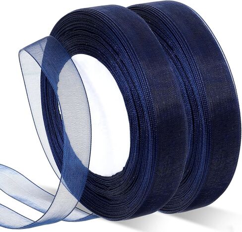 2 Rolls Navy Ribbon Blue Ribbon for Gift Wrapping 34 Yards Chiffon Tulle Christmas Ribbon Gift Wrap Ribbons for Flower Bouquets, Wedding, Valentines Decoration and Bow Making in Saudi Arabia