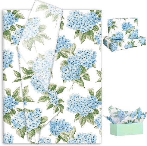 JarThenaAMCS 60 Sheets Hydrangea Tissue Paper Blue White Floral Wrapping Paper for Spring Birthday Baby Shower Party DIY Crafts Supplies, 14 x 20 Inch in Saudi Arabia