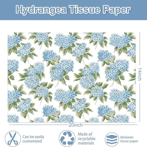 JarThenaAMCS 60 Sheets Hydrangea Tissue Paper Blue White Floral Wrapping Paper for Spring Birthday Baby Shower Party DIY Crafts Supplies, 14 x 20 Inch in Saudi Arabia