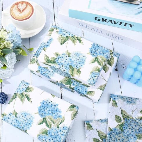 JarThenaAMCS 60 Sheets Hydrangea Tissue Paper Blue White Floral Wrapping Paper for Spring Birthday Baby Shower Party DIY Crafts Supplies, 14 x 20 Inch in Saudi Arabia