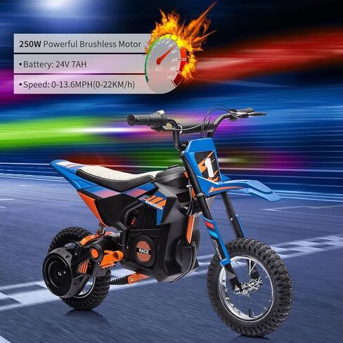 24V Kids Ride On Electric Motorcycle,250W Motor 13.6MPH Fast Speed Dirt Bike,Leather Seat Battery Powered Off-Road Bike,Twist Grip Throttle,Metal Suspension,Air-Filled Tires,for Teens in Saudi Arabia