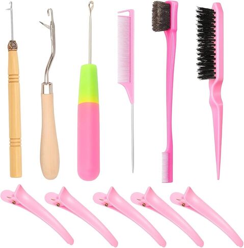 12-Piece Braiding Tool Kit with Wooden Handle Hook, Openwork Stitch Hoo-k, Large Plastic Handle Hook, Pink 8-Piece Set, Hair Crochet Hook Needles for Hair Styling,Crochet Hooks for Hair in Saudi Arabia