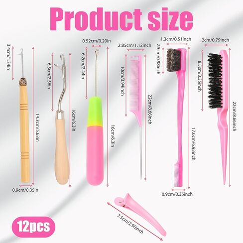 12-Piece Braiding Tool Kit with Wooden Handle Hook, Openwork Stitch Hoo-k, Large Plastic Handle Hook, Pink 8-Piece Set, Hair Crochet Hook Needles for Hair Styling,Crochet Hooks for Hair in Saudi Arabia
