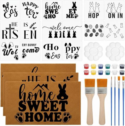 Chunful 3 Set Easter Blank Door Mats for Crafting 3 Pcs 17" x 30" Plain Doormat for Painting with 16 Reusable Easter Stencils Painting Tools for DIY Crafting Bunny Party Decor in Saudi Arabia