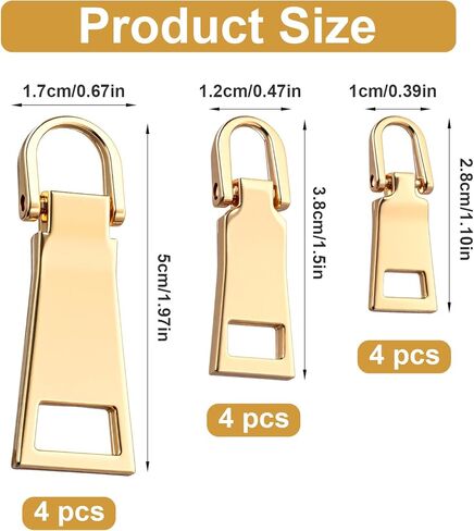 DOPENSPI 12PCS 3 Size Zipper Pull Replacement, Metal Zipper Tab Replacement Gold Zippers Pull Zippers Slider Tab for Luggage Backpack Jacket Suitcase Coat Sewing Notions in Saudi Arabia