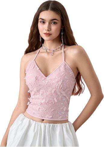 Makemechic Women's Y2K 3D Butterfly Sequin Sparkly Halter Crops Tops Tie Backless Smoocked Tank in Saudi Arabia