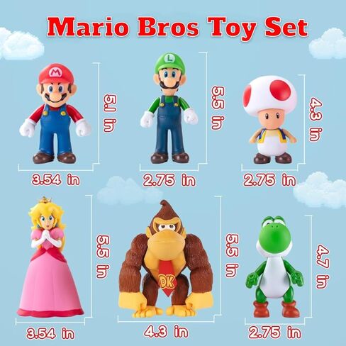 Mario Figures 6 Pack Mario Bros Toys Set Eco-Friendly PVC Mario Action Figures Gift for Kids Ages 3+, Movie Fans, Collector (4-6 Inch) in Saudi Arabia