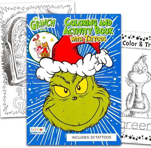 Dr. Seuss Grinch Coloring Book with Tattoos for Kids Ages 4-8 Cartoon Coloring Pages, Activities, Games Plus Temporary Tattoos | Grinch Activity Book for Girls, Boys, Kids in Saudi Arabia