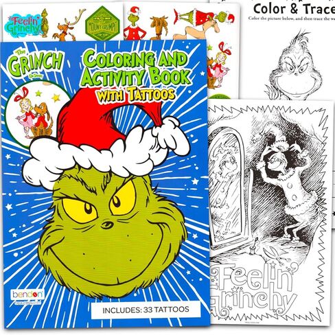 Dr. Seuss Grinch Coloring Book with Tattoos for Kids Ages 4-8 Cartoon Coloring Pages, Activities, Games Plus Temporary Tattoos | Grinch Activity Book for Girls, Boys, Kids in Saudi Arabia