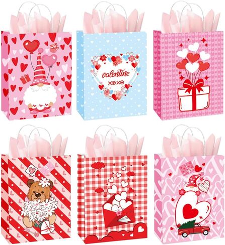 12 PCS Small Valentines Gift Bags With Handle and Tissue,6 Designs Valentines Paper Bags,Valentines Goody Bags,Valentines Treat Bags for Valentines Presents Candies Cookie Snacks in Saudi Arabia