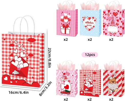 12 PCS Small Valentines Gift Bags With Handle and Tissue,6 Designs Valentines Paper Bags,Valentines Goody Bags,Valentines Treat Bags for Valentines Presents Candies Cookie Snacks in Saudi Arabia