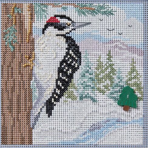 Mill Hill Winter Woodpecker Beaded Counted Cross Stitch Kit Buttons & Beads 2024 Winter Series MH142434, 5.25" x 5.25", Multi in Saudi Arabia