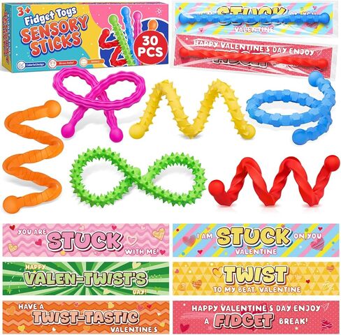 30 Pcs Valentines Day Cards with Sensory Sticks for Kids Class, School Exchange Fidget Toys Gifts, Quiet Silicone Textured Fidgets for Students and Teachers, Classroom Prizes Rewards Party Favors in Saudi Arabia