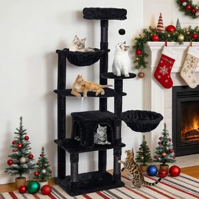 Tall Cat Tree,63in Multi-Level Cat Tower for Indoor Cats Large Adult,Gothic Cat Stand with Scratching Posts,Basket,Condo,Plush Perch,Cats Toys for Climbing,Interactive and Hidden,Black in Saudi Arabia