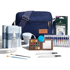 مجموعة ألوان مائية صغيرة للسفر - مجموعة ألوان مائية مكونة من 12 لونًا و15 شبكة صغيرة محمولة مع حقيبة وكوب منظف وكتابي رسم ومشبك للرسم الخارجي والمبتدئين والفنانين in Kuwait