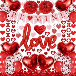 67Pcs Red Valentine's Day Decoration Set, BE MINE Banner, Foil Love Balloons, Love Heart XO Garlands, 500Pcs Rose Petals, Hanging Swirls, Pre-Assembled Set for Party Home Wedding Classroom Office in Saudi Arabia