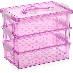 JUXYES 3-Tiers Stack Carry Storage Box with Handle, Transparent Stackable Storage Bin with Handle Lid Latching Storage Container for School & Office Supplies, Internal Size 20x12.5x6cm, Pink in Kuwait