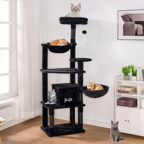 Tall Cat Tree,63in Multi-Level Cat Tower for Indoor Cats Large Adult,Gothic Cat Stand with Scratching Posts,Basket,Condo,Plush Perch,Cats Toys for Climbing,Interactive and Hidden,Black in Saudi Arabia
