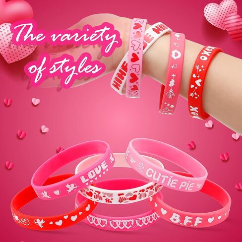 Yilloog 60 Pcs Valentine's Day Rubber Bracelets Bulk Valentines Day Gifts for Kids Valentine Heart Silicone Wristband Bulk for Kids School Classroom Exchange Gifts Wedding Party Favors Decoration in Saudi Arabia