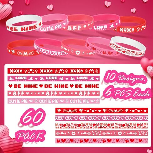 Yilloog 60 Pcs Valentine's Day Rubber Bracelets Bulk Valentines Day Gifts for Kids Valentine Heart Silicone Wristband Bulk for Kids School Classroom Exchange Gifts Wedding Party Favors Decoration in Saudi Arabia