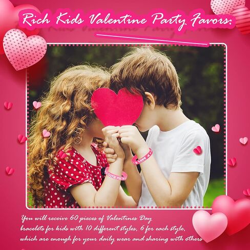 Yilloog 60 Pcs Valentine's Day Rubber Bracelets Bulk Valentines Day Gifts for Kids Valentine Heart Silicone Wristband Bulk for Kids School Classroom Exchange Gifts Wedding Party Favors Decoration in Saudi Arabia