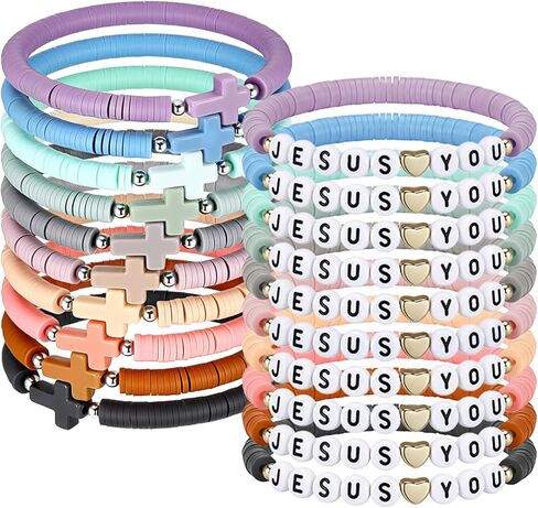 Landical 20 Pcs Christian Bracelets Bulk Cross Bracelets and Jesus Loves You bracelet Handmade Elastic Colorful Polymer Clay Beaded Christian Bracelet for Kids Religious Jesus Wristbands in Saudi Arabia