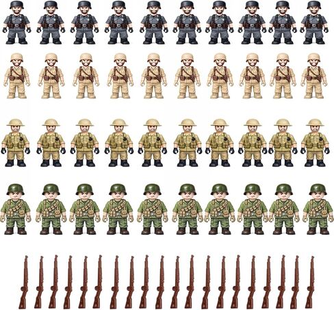 WW2 Army Men 40 Pcs Set - 10 US, 10 British, 10 French, 10 German Soldiers with 40 Rifles - Compatible with Major Building Bricks, for Diorama & War Games in Saudi Arabia