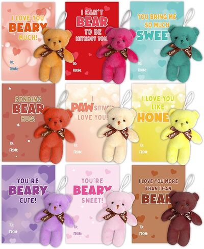 بطاقات عيد الحب للأطفال، 24 حزمة من لعبة الدببة الصغيرة القطيفة مع بطاقات عيد الحب، حيوان محشو صغير لتفضلات حفلات المدرسة للأطفال الأولاد والبنات، وتبادل هدايا عيد الحب للأطفال in Kuwait