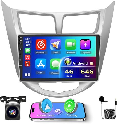 Inefala 8-Core 4+64G Android 13 Car Stereo Upgrade Radio for Hyundai Verna Accent Solaris 2010-2016, 9'' HD Touch Screen with Wireless CarPlay & Android Auto, AHD Backup Camera, Mirror Link, GPS Navi in Kuwait