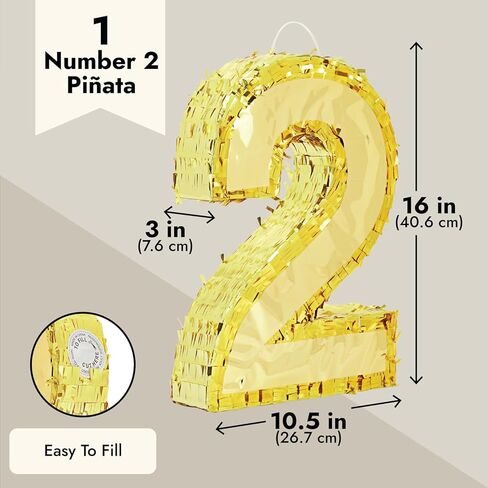Juvale Gold Foil Number 2 Pinata - صغير 16 x 10.5 x 3 بوصة، ذهبي - بيناتا عيد ميلاد وقطعة مركزية in Kuwait