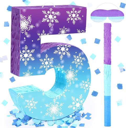 Skylety Snowflake Birthday Decorations, Winter Wonderland Number 5 Piñata with Stick Blindfold and Confetti Snowflake Piñata 5th Birthday Party Decorations Winter Princess Party Supplies in Saudi Arabia