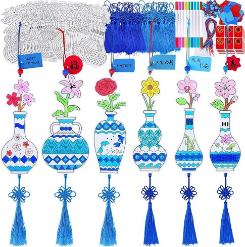 Winlyn 36 Sets Chinese New Year Decorations DIY Paintable Ming Vase with Flower Ornaments Craft Kits for Kids Asian Lunar New Year 2026 Horse Year Classroom Activities Party Favors Gift Exchange in Saudi Arabia