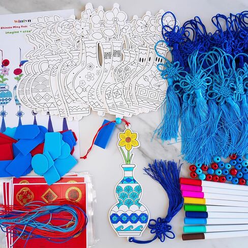 Winlyn 36 Sets Chinese New Year Decorations DIY Paintable Ming Vase with Flower Ornaments Craft Kits for Kids Asian Lunar New Year 2026 Horse Year Classroom Activities Party Favors Gift Exchange in Saudi Arabia