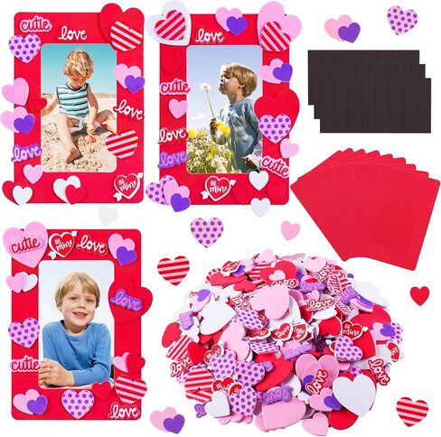 Fovths Valentine Foam Photo Frames DIY Craft Kit، 12 قطعة إطارات صور رغوية، 500 قطعة ملصقات إسفنجية على شكل قلب، 24 قطعة ملصقات حرفية مغناطيسية لعيد الحب، الفن الحرفي، ديكور المنزل in Saudi Arabia