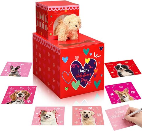 Leitee 2 Pcs DIY Valentines Mailbox Craft with 24pcs Valentines Greeting Puppy Doll Valentine‘s Day Card Exchange Dog Puppy Mailbox for Classroom Exchange Gift Game Valentine‘s Day School Party Favors in Saudi Arabia