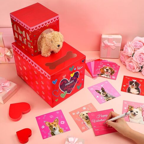 Leitee 2 Pcs DIY Valentines Mailbox Craft with 24pcs Valentines Greeting Puppy Doll Valentine‘s Day Card Exchange Dog Puppy Mailbox for Classroom Exchange Gift Game Valentine‘s Day School Party Favors in Saudi Arabia