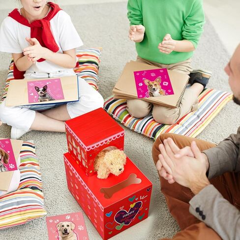 Leitee 2 Pcs DIY Valentines Mailbox Craft with 24pcs Valentines Greeting Puppy Doll Valentine‘s Day Card Exchange Dog Puppy Mailbox for Classroom Exchange Gift Game Valentine‘s Day School Party Favors in Saudi Arabia