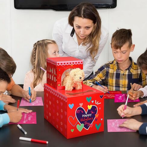 Leitee 2 Pcs DIY Valentines Mailbox Craft with 24pcs Valentines Greeting Puppy Doll Valentine‘s Day Card Exchange Dog Puppy Mailbox for Classroom Exchange Gift Game Valentine‘s Day School Party Favors in Saudi Arabia