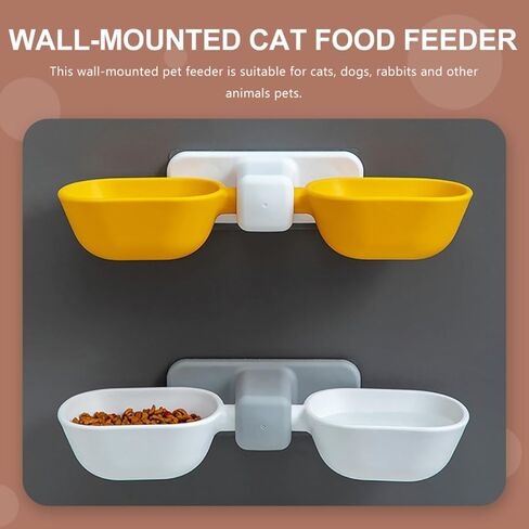 GALPADA Wall-Mounted Dual Pet Feeding Bowl for Cats and Dogs, Plastic Cat Double Food Bowl with Neck Protection, Yellow Pet Food Feeder Suitable for Wall Hanging in Home Or Travel Use in Saudi Arabia