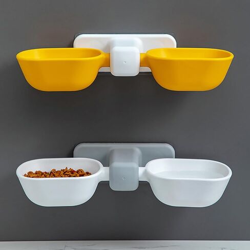 GALPADA Wall-Mounted Dual Pet Feeding Bowl for Cats and Dogs, Plastic Cat Double Food Bowl with Neck Protection, Yellow Pet Food Feeder Suitable for Wall Hanging in Home Or Travel Use in Saudi Arabia