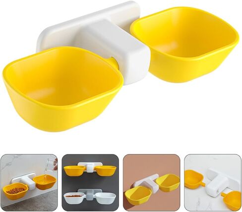 GALPADA Wall-Mounted Dual Pet Feeding Bowl for Cats and Dogs, Plastic Cat Double Food Bowl with Neck Protection, Yellow Pet Food Feeder Suitable for Wall Hanging in Home Or Travel Use in Saudi Arabia