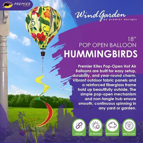 Premier Kites 18 بوصة منطاد الهواء الساخن الطنان - نسيج أكسفورد متين، إطار من الألياف الزجاجية المعززة، مجموعة قفل سهلة، محور عالي التحمل غير متشابك، ديكور دوار للرياح في الهواء الطلق in Saudi Arabia