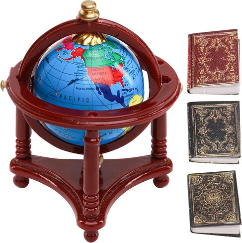 4pcs 1/12 Miniature Dollhouse Globe & Books, Mini World Globe, Rotatable/Rolling Tiny Earth Globes Model with Floor Stand, Small Scale Diorama Accessories for Doll House Decoration, Reddish Brown in Saudi Arabia