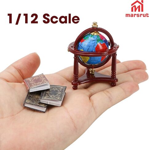 4pcs 1/12 Miniature Dollhouse Globe & Books, Mini World Globe, Rotatable/Rolling Tiny Earth Globes Model with Floor Stand, Small Scale Diorama Accessories for Doll House Decoration, Reddish Brown in Saudi Arabia