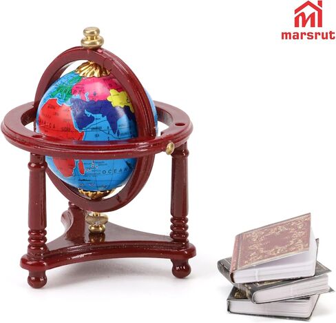 4pcs 1/12 Miniature Dollhouse Globe & Books, Mini World Globe, Rotatable/Rolling Tiny Earth Globes Model with Floor Stand, Small Scale Diorama Accessories for Doll House Decoration, Reddish Brown in Saudi Arabia