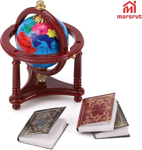 4pcs 1/12 Miniature Dollhouse Globe & Books, Mini World Globe, Rotatable/Rolling Tiny Earth Globes Model with Floor Stand, Small Scale Diorama Accessories for Doll House Decoration, Reddish Brown in Saudi Arabia