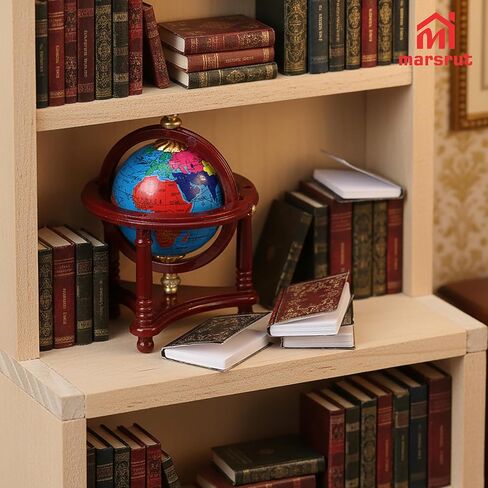 4pcs 1/12 Miniature Dollhouse Globe & Books, Mini World Globe, Rotatable/Rolling Tiny Earth Globes Model with Floor Stand, Small Scale Diorama Accessories for Doll House Decoration, Reddish Brown in Saudi Arabia